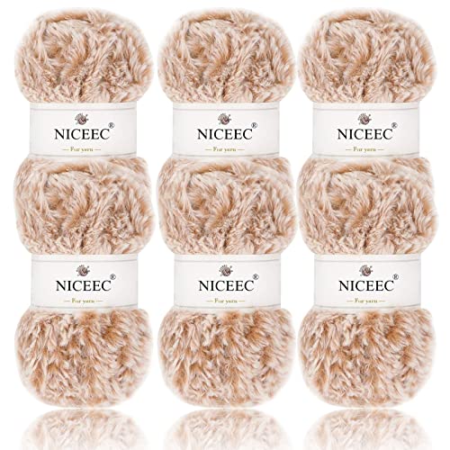 Image of NICEEC Faux Fur Yarn Super Soft, Chunky & Fluffy, Eyelash Yarn for Crochet & Knitting(Total Length 210yds /10.6oz) - Khaki /300g