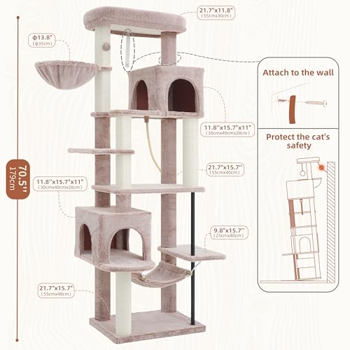 Image of Gitelsnour Cat Tree, Cat Tower with Sturdy Steel Tube, Large Perch GCT024MU | 70.5'' Cat Furniture with Scratching Post, Hammock, Basket and Big Platform for Indoor Cats Large Adult, Mushroom