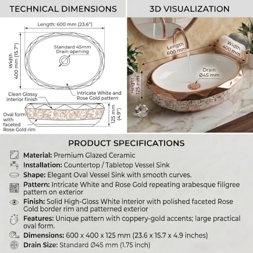 Image of BASSINO 24x16x5 Inches Table Top Washbasin /1 Year Warranty /Ceramic Wash Basin for Bathroom /Oval Counter Top Wash Basin for Dining Hall /Living Room /Designer Vessel Sink(Glossy White & Rosegold)