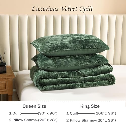 Image of Velvet King Size Comforter Set, Luxurious King Quilt, Green Bedding Set, Soft Plush Bedspread, Lightweight for All Season,Emerald Green