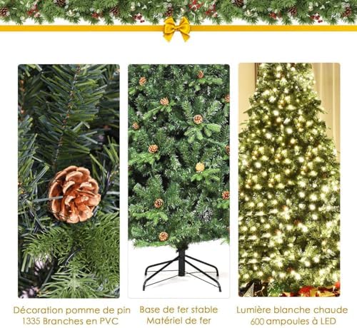 GOPLUS Sapin de Noël Artificiel 240 cm Lumineux 600 LED Blanche Chaude Branches Touffues