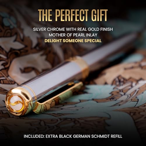 Image of Scriveiner Silver Chrome Rollerball Pen - Stunning Luxury Pen, Real Gold Plating, Schmidt Ink Refill, Best Roller Ball Pen Gift Set for Men & Women, Professional, Executive Office, Nice, Fancy Pens