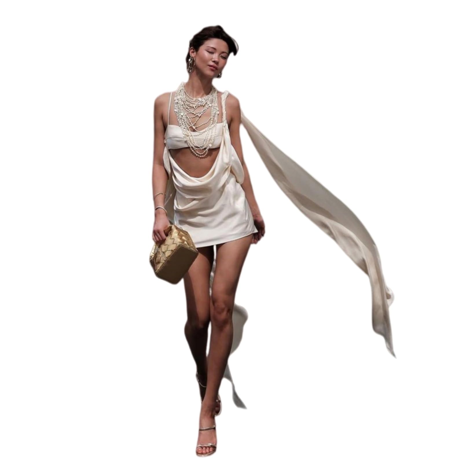 Vestito Elegante Donna Bodycon Mini Abito Una Spalla Senza Maniche Schienale Piegato Tassel Club Party Dress-Champagne-l