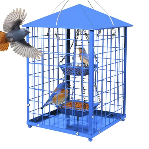 Mealworms Bird Feeders for Bluebirds - Metal - Huge Caged Squirrel-proof Bird Feeders with 2 Cups, DIY Wild Bird Feeders Outdoor Hanging (Blue), Attract Small Birds, 2lbs Seed Capacity+1 Mealworms Cup