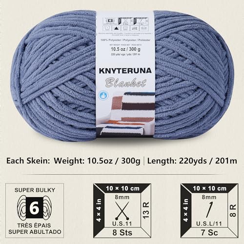 Image of #6 Super Bulky Blanket Yarn for Crocheting - 4 Skeins(Each 10.5oz /300g, 220yds /201m), Chunky Chenille Thick Plush Big Soft Yarn for Crocheting Knitting Blankets, Blue Gray