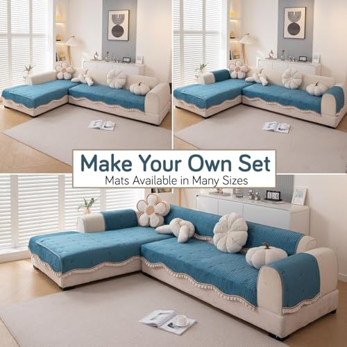 Image of HOKIPO Premium Dutch Velvet Sofa Cover Mat with Frill for 1 /2 /3 Seater and L Shape Sofa. Make Your Own Sofa Cover Set, Mat Length 90(D) x 180(L) cm, Peacock Blue (NEW-AR-5740-PBL)