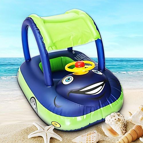 Baby Pool Float with Canopy Summer Steering Wheel Sunshade Swim Ring Car Inflatable Toys Infants Float Seat Boat for Kids Toddlers