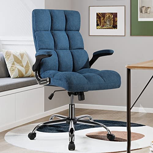 High Back Upholstered Office Chair with Fabric, Ergonomic Computer Chair with Adjustable Tilt Angle and Flip-up Arms, Executive Chair with Thick Padding and Lumbar Support, Rock, Blue