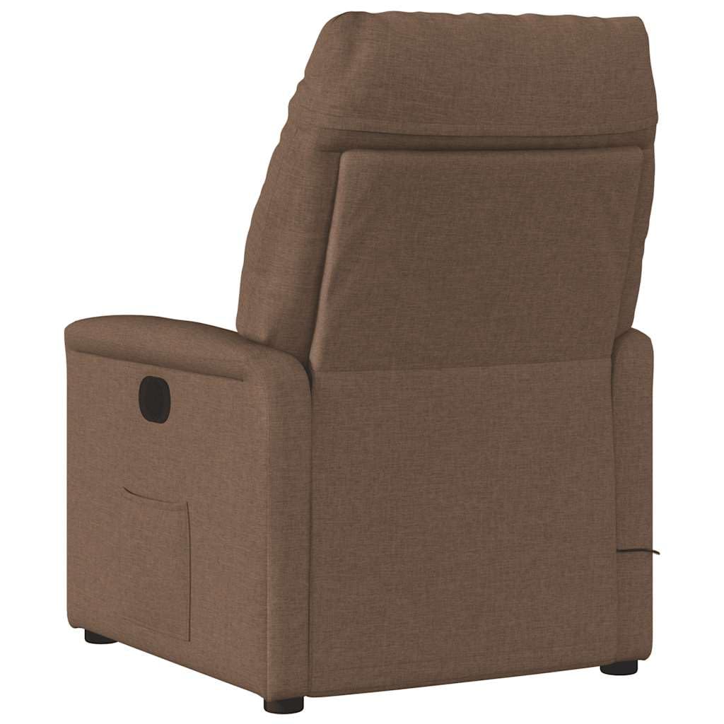 Fotel relaksacyjny brązowy materiał z tapicerką i podłokietnikami, regulowany z funkcją leżenia i podnóżkiem, ergonomiczny fotel z drewna i metalu, do salonu, biura, relaksu i czytania