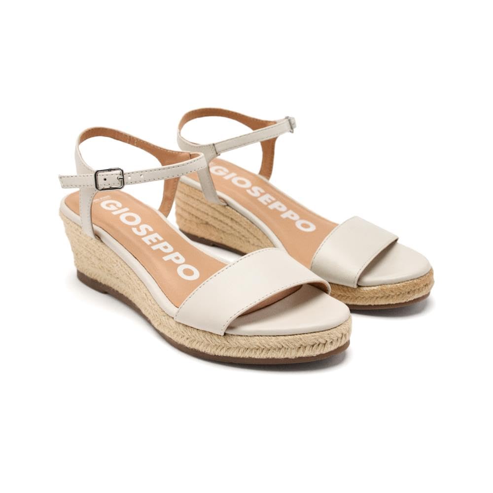 GIOSEPPO Black Leather Sandals with Jute Wedge for Women YALAHA, ivory white, 4 UK