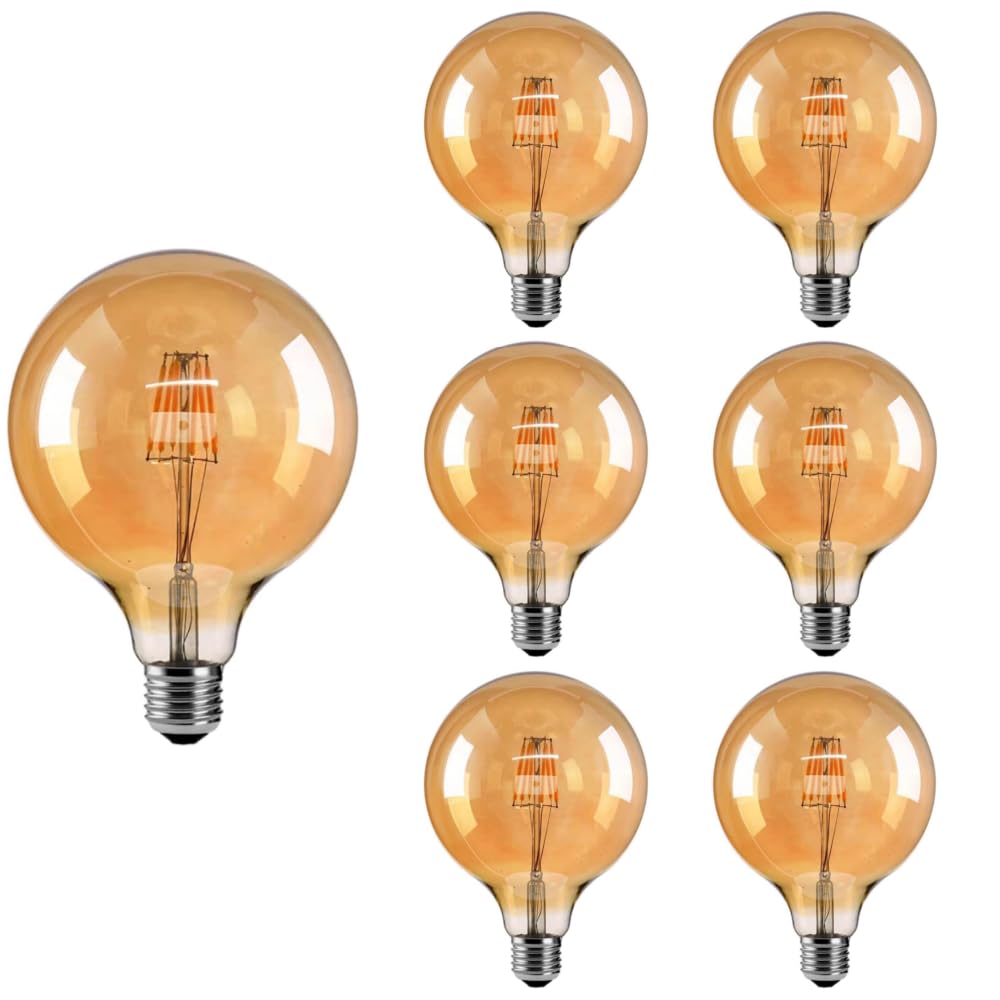 HUA QIANG WANG Vintage E27 LED Edison Globe Light Bulbs 40W Equivalent, 2200K Warm White, Antique Amber Glass Decorative Bulbs, G125 4W LED Filament Bulb,Pack of 6(Yellow Light)