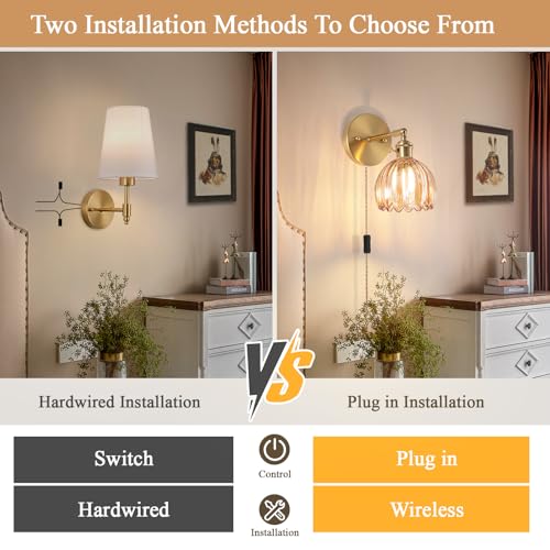 Image of Plug-in Wall Sconce, Vintage Wall Decorative Lamp with Amber Glass Shade, Indoor Plug-in Wall Sconce for Bedroom, Living Room, Hallway