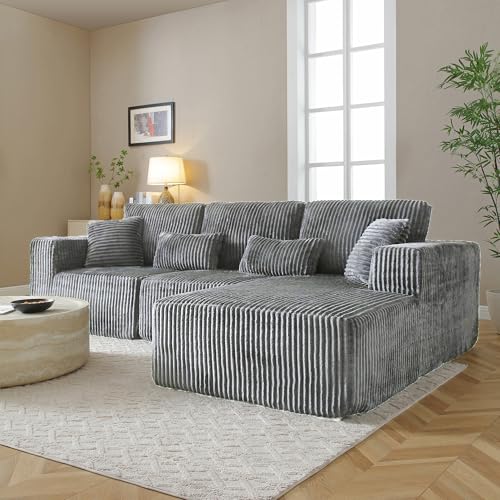 Image of L Shaped Modular Boneless Sectional Couches for Living Room, Wide Armrest, Deep Seat, Memory Foam, Assembly Free, Modern Comfy Corduroy Fluffy Cloud Sofa with Right Chaise, Grey