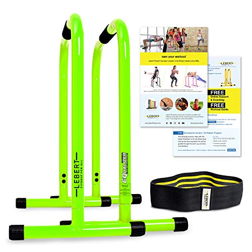 Lebert Fitness Dip Bar Stand - Original EQualizer Total Body Strengthener Pull Up Bar Home Gym Exercise Equipment Dipping Station - Hip Resistance Band, Workout Guide and Online Group - Green