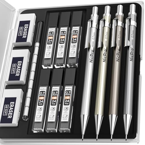 Nicpro 4 Pack Mechanical Pencil 0.7mm with Case, MB1000 Metal Mechanical Pencil Set with 6 Tube HB...