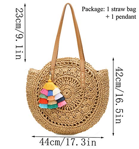 Straw Bag Round Summer Straw Large Woven Beach Bag Purse For Women Vocation Tote Handbags With Pom Poms - Image 2