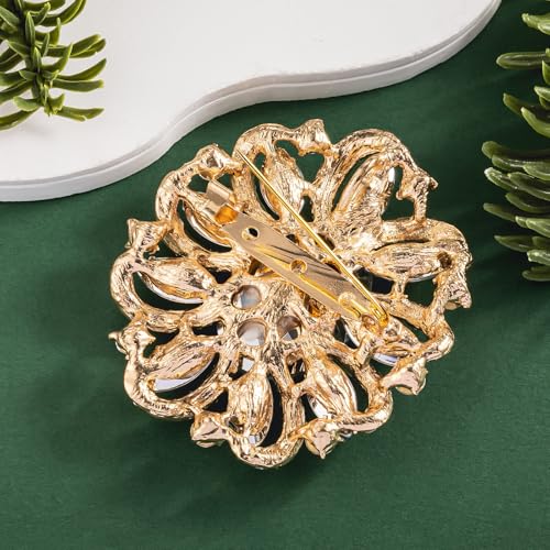 Image of SELOVO Flower Rhinestone Statement Brooch Pin Accessory Antique Gold Tone