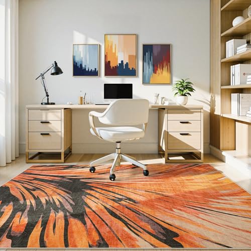 Lukinbox 5x7 Floral Area Rug, Non-Slip Washable, Orange