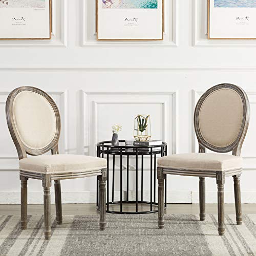 Kmax Farmhouse Dining Room Chairs, Brown Wood Legs Elegant Tufted Kitchen Chairs, French Distressed Bedroom Chairs with Round Back, Set of 2, Beige