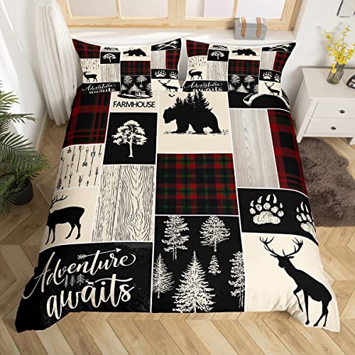 Retro Cabin Comforter Cover Rustic Lodge Patchwork Bedding Set Hunting Bear Deer Wildlife Duvet Cover For Kids Teens Adult Men,Farmhouse Western Country Bed Sets 2 Pcs With 1 Pillow Case, Twin #TOP24