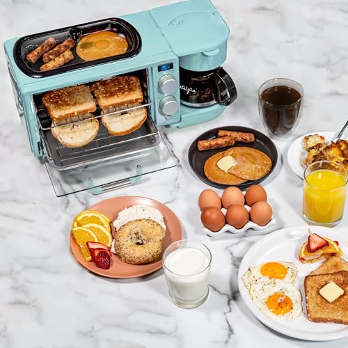 Nostalgia 3-in-1 Retro Breakfast Station - Includes 5 Cup Coffee Maker, Non-Stick Ceramic Griddle, and 4-Slice Toaster Oven - Built-In Timer, Reusable Coffee Filter, Space-Saving Design - Aqua Nostalgia 3-in-1 Retro Breakfast Station - Includes 5 Cup Coffee Maker, Non-Stick Ceramic Griddle, and 4-Slice Toaster Oven - Built-In Timer, Reusable Coffee Filter, Space-Saving Design - Aqua