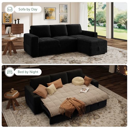 Image of HONBAY Modular Sectional Sofa with Pull Out Bed,Corduroy L Shaped Sleeper Sofa with Storage, Sectional Couches for Living Room,Black