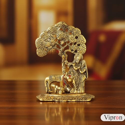 Image of Brass Finish Metal Lord Krishna with Cow and Tree Statue - Spiritual Hindu Art Decor for Home, Office, and Pooja Room - 5.7-inch Elegant Statue of Krishna