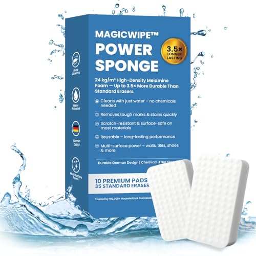 MagicWipe Power Sponge Magic Sponge Eraser (10 Pack) with High Density Melamine Foam for Heavy Duty Multi-Surface Cleaning Kitchen Bathroom Walls Floors Scuffs - No Chemicals
