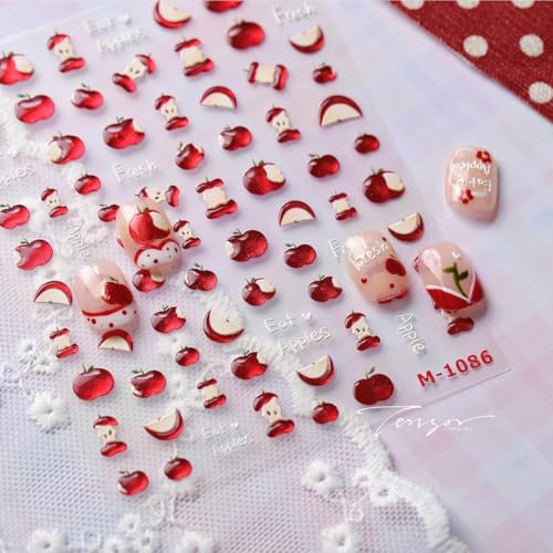 Image of Apple Nail Stickers Red Nail Decals Jelly with Design 5D Embossed Self Adhesive Nails Art Stickers Glitter Apples Nail Art Decals Charms Supply for Women Girls Kid Manicure DIY Decoration