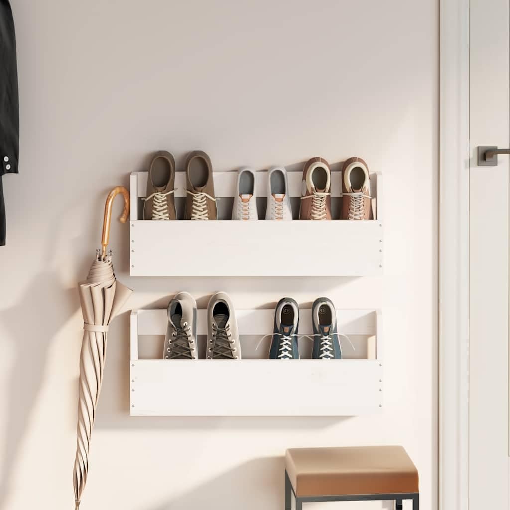 Wall-Mounted Shoe Rack Set of 2 White Solid Pine Wood, Two-Shelf Design for Space Saving Storage, Durable and Easy Maintenance, Modern Entryway Organizer for Hallway