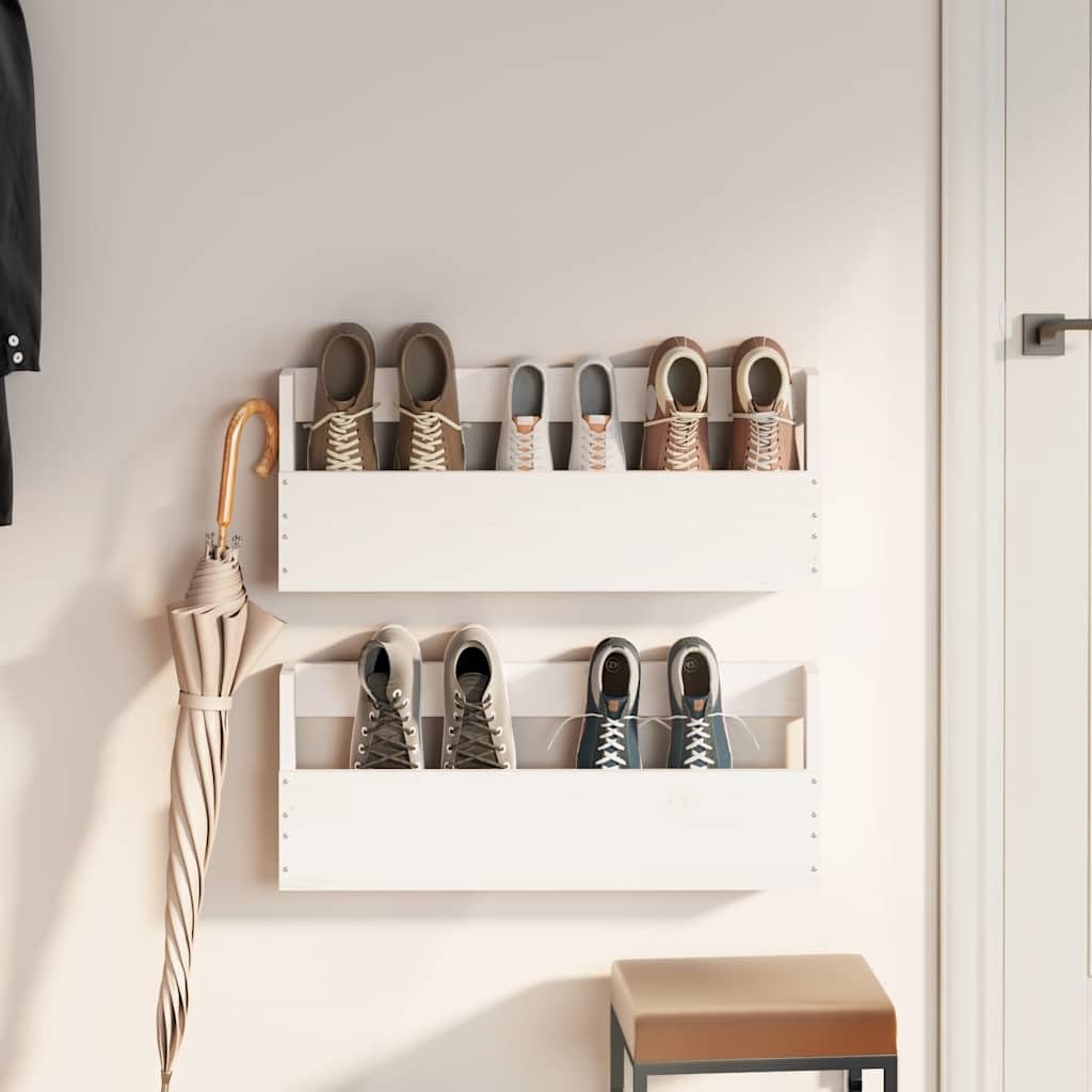 Regał ścienny na buty, 2 szt. biały, lite drewno sosnowe, 59 x 9 x 23 cm, regał na buty do korytarza, przedpokoju, wejścia, zajmuje mało miejsca, z systemem porządkowania i miejscem do