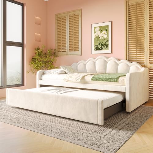 NNJN Cama de día con cama nido, sofá cama, cama individual, doble, terciopelo, tira LED que cambia de color, 90 x 200 cm (180 x 200 cm) (sin colchón) (beige)