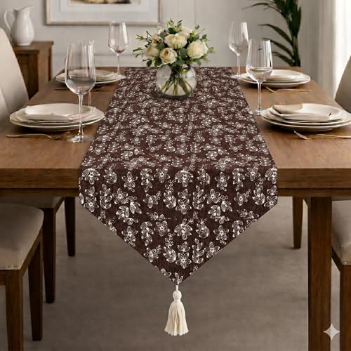 Image of STITCHNEST Woven Table Runner 13x60 Inches | Brown Floral Design | Tassel Finish | Modern Dining Table Decor