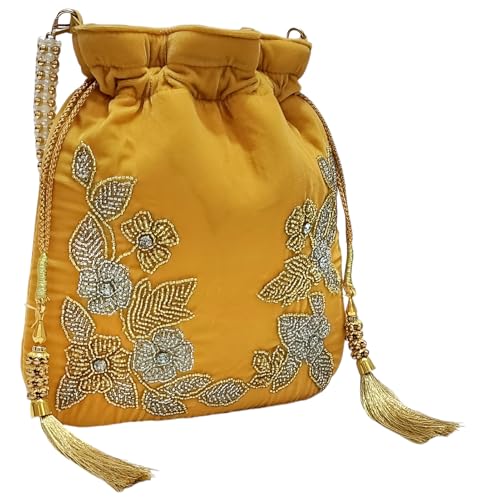 Image of Velvet Potli Bag with Golden & Silver Beaded Flower Embroidery - Handcrafted Ethnic Drawstring Bag for Weddings, Parties & Festive Gifts - Beaded Handle & Tassels for Women