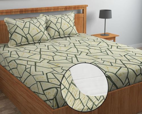 Image of Premium Cotton Fitted Bedsheet King Size 78 x 72 x 8 Inches with 2 Pillow Covers | 220 TC | All-Around Elastic Deep Pocket Bed Cover | Ivory Olive Abstract Mosaic