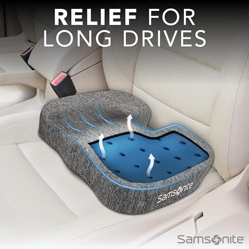 Image of Samsonite Gel Infused Seat Cushion - Ergonomic Cushion for Office Chair, Tailbone Pressure Pad, Coccyx Support for Sciatica, Memory Foam Seat for Car, Desk, or Gaming Chair Use, Grey