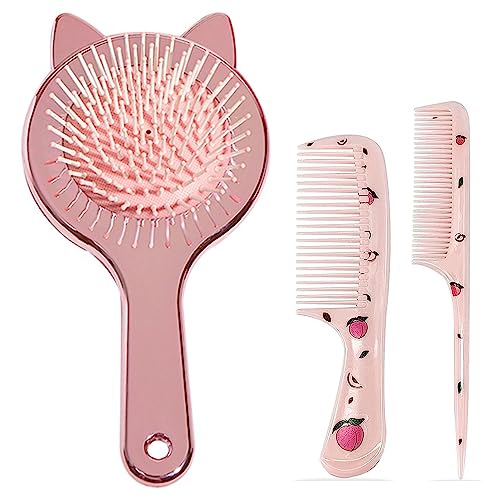 TogtherKings - Brosse Enfant Cheveux Fille et Ensemble de Peignes, Brosses à Demelantes pour Filles, Rose, pour Cheveux Secs et Humides (3 Pièces)