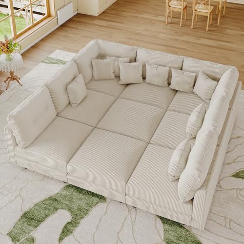 Image of LLappuil 137 inch Modular Sectional Sofa with Storage, 9 Seater Corduroy U Shaped Couch with 9 Throw Pillows, Convertible Sofas for Living Room, Pet-Friendly, Scratch Resistant, Reconfigurable, Beige