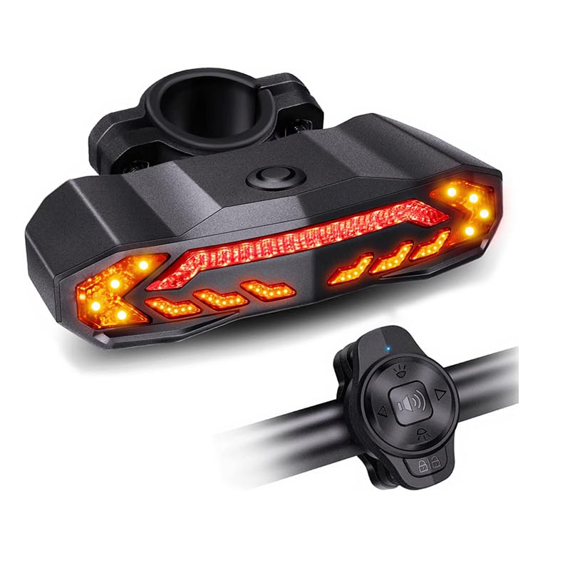 Smart Bike Tail Light with Auto ON/OFF Turn Signals & Brake Light, USB-C Rechargeable, Remote-Controlled Bike Horn Alarm, Rear Bicycle Safety Light
