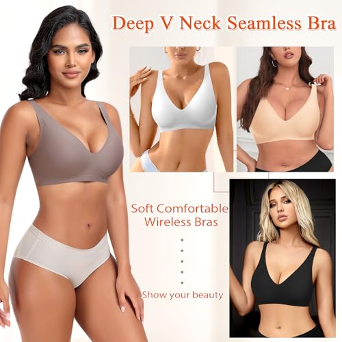 Image of DOCUMO Deep V Bras for Women No Underwire Comfort Wireless Bralettes Adjustable Sleep Seamless Plunge Bra with Bra Extender