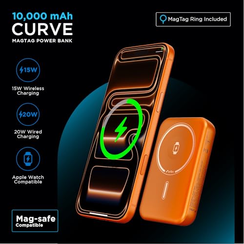 Image of URBN Curve 3 in 1 Wireless Power Bank for iPhone, 10000mAh MagSafe Fast Charging for Apple AirPods, iWatch, iPhone 12 & Above, Android & Other Qi Enabled Devices (Orange)