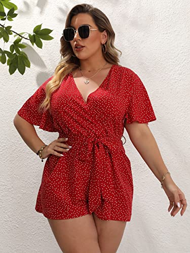 Romwe Women's Plus Size Polka Dot Print Deep V Neck Butterfly Sleeve Self Belted Romper Short Jumpsuit Red 3Xl #TOP3