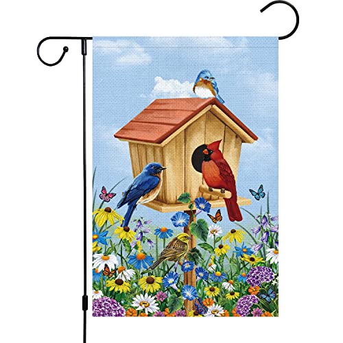 Louise Maelys Welcome Spring Bird Garden Flag 12x18 Double Sided Vertical, Burlap Small Floral Cardinal Birdhouse Yard House Sign Outside Outdoor Home Summer Decoration