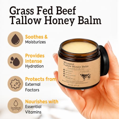 Image of Beef Tallow for Skin: Organic Grass-Fed Tallow Face Cream with Manuka Honey, Olive Oil, Jojoba Oil & Vitamin E, Non-Greasy Face and Body Moisturizer, 4 oz