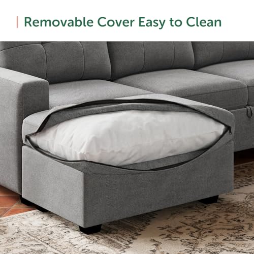 Image of HONBAY 106.2 Inch U-Shaped Sectional Sleeper Sofa with Pull-Out Bed & Storage Ottoman, 7-Seater Sectional Sofa for Living Room, Pet-Resistant Fabric Couch, Grey