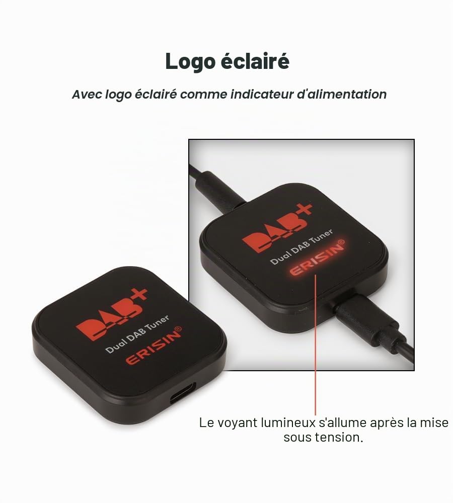 Erisin Dab+ Box Antenne Adaptateur Radio Numérique Amplificateur pour Autoradio Stéréo Android 14/13/12/11/10/9/8 et Supérieur, Double Tuner Radio Numérique d'antenne Transmission FM USB ES394