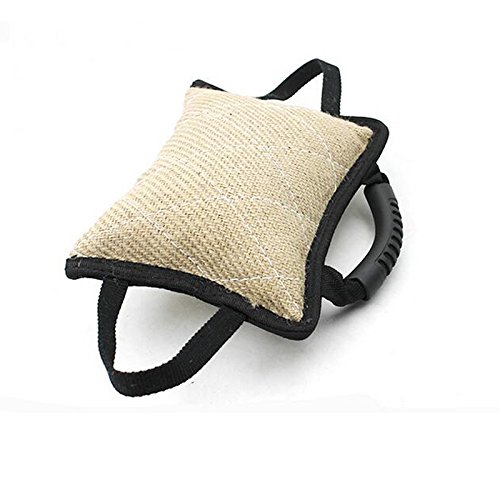 Hausdec Dog Training Bite Tug Toy with 3 Handles Linen Bite Pillow, Black & Beige - Image 4