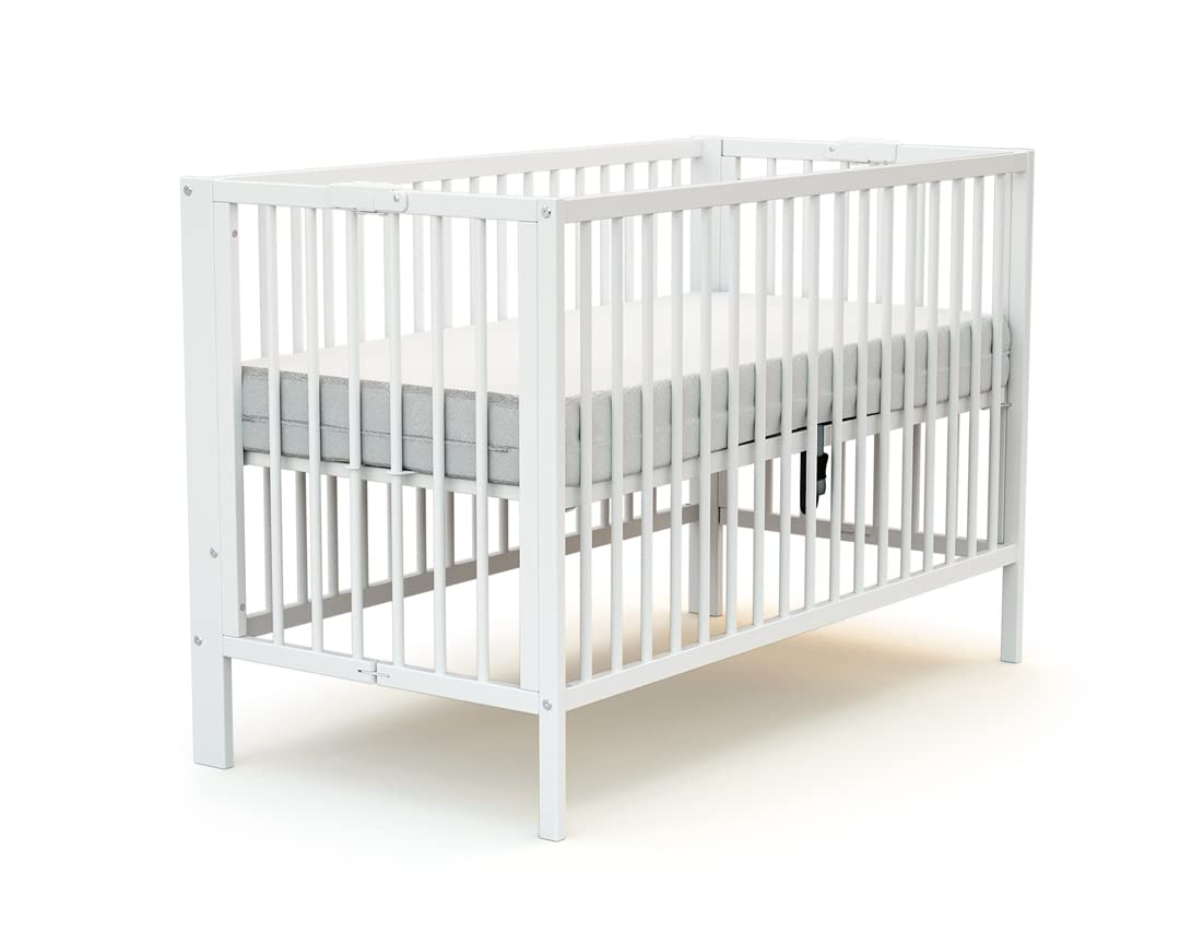 AT4 - Lit bébé Pliant 60x120 Essentiel Hêtre Verni | 124 x 64 x 82 cm | Lit Pliable | Sommier réglable 2 Niveaux intégré au lit (Blanc, Lit bébé)