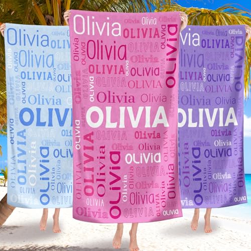 Custom Name Beach Towel, Personalized Pool Towel with Name for Kids Adults, Customized Name Swimming Towels for Men Women Boys Girls