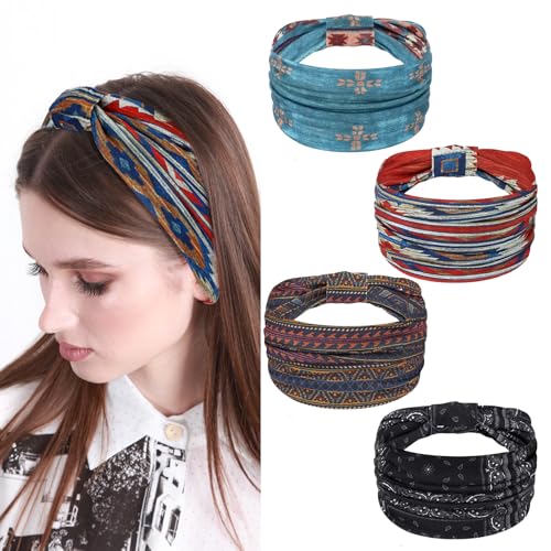 MBAIYO 4 Stück Breite Stirnbänder, Geknotetes Stirnband Für Damen Elastische Weiche Boho Haarbänder Rutschfeste Bandanas Print Haarschmuck Vintage Knot Haarband für Frauen Yoga Sport Reisen MBAIYO 4 Stück Breite Stirnbänder, Geknotetes Stirnband Für Damen Elastische Weiche Boho Haarbänder Rutschfeste Bandanas Print Haarschmuck Vintage Knot Haarband für Frauen Yoga Sport Reisen